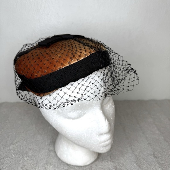 Vintage Orange Black Pillbox Hat Velvet Netting Veil Movie Prop Costume READ - Picture 1 of 13
